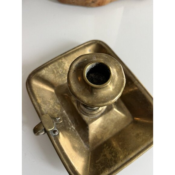 Antique Brass Pushup Candle Chamberstick Colonial Rectangular Base Finger Holder - Picture 3 of 9